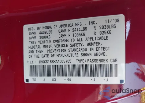 2010 Honda Accord 2.4 Ex-L from USA, damaged, VIN 1HGCS1B8XAA005705